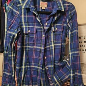 Blue and Green Plaid Button-Up Shirt